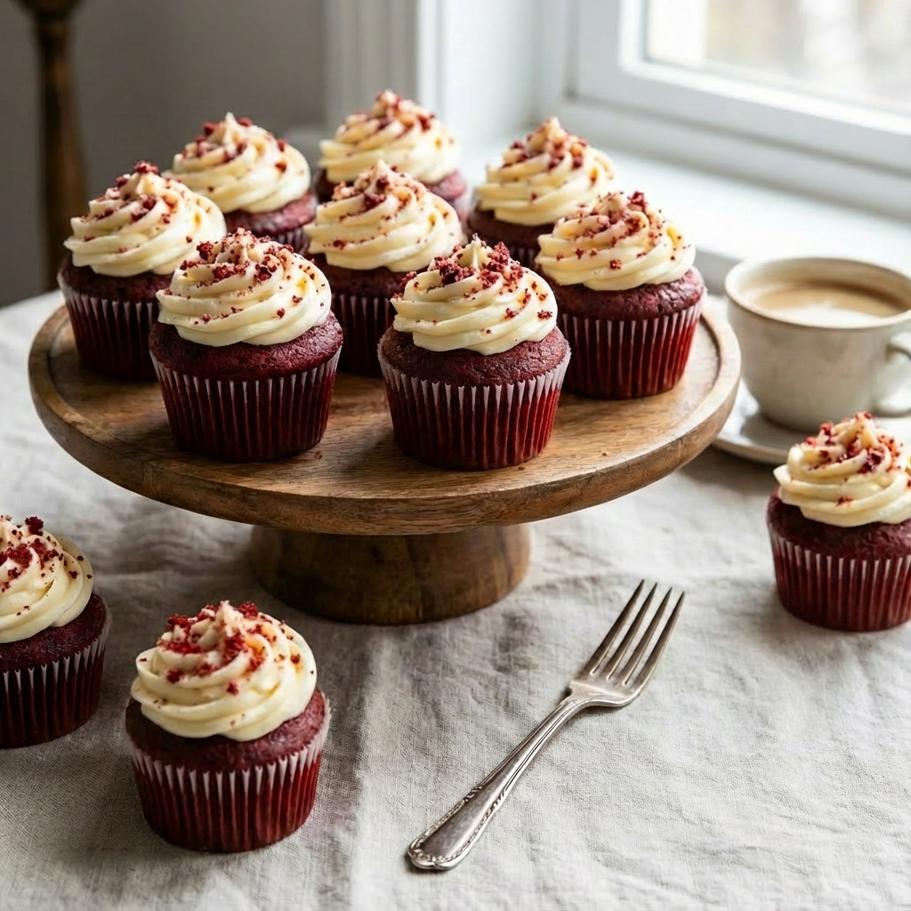Classic Red Velvet Cupcakes: Moist, Tender & Topped with Cream Cheese Frosting